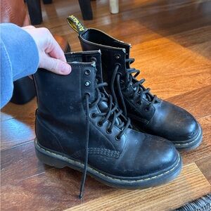 Dr. Martens Black Leather Combat Boots with Yellow Stitching